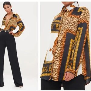 PrettyLittleThings Black Leopard Print Satin Oversized Shirt Size XS